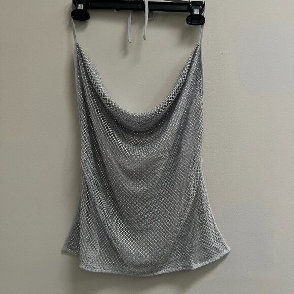 WEWOREWHAT Crystal Cowl Neck Top Crystal Mesh Silver Size M MSRP $98 NEW - Picture 5 of 10